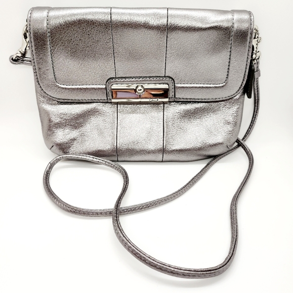 Coach Handbags - Coach Kristen Silver Metallic Leather Crossbody With Removable Strap
